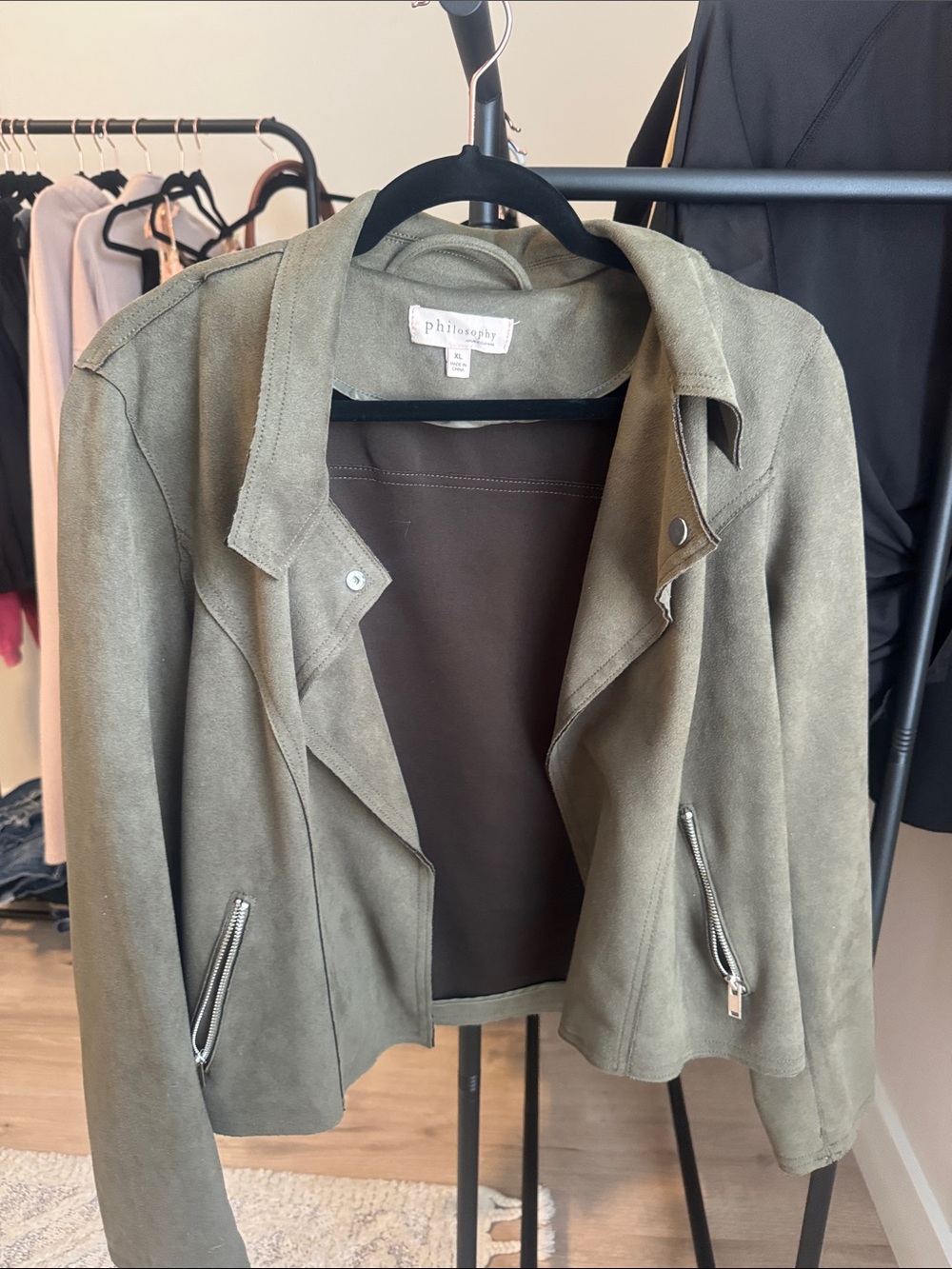 Philosophy Olive Green Faux Suede Moto Jacket